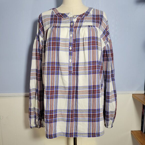 Every Moment XXL White Red Blue Button Up Longsleeve Lightweight Plaid Blouse - Picture 1 of 9